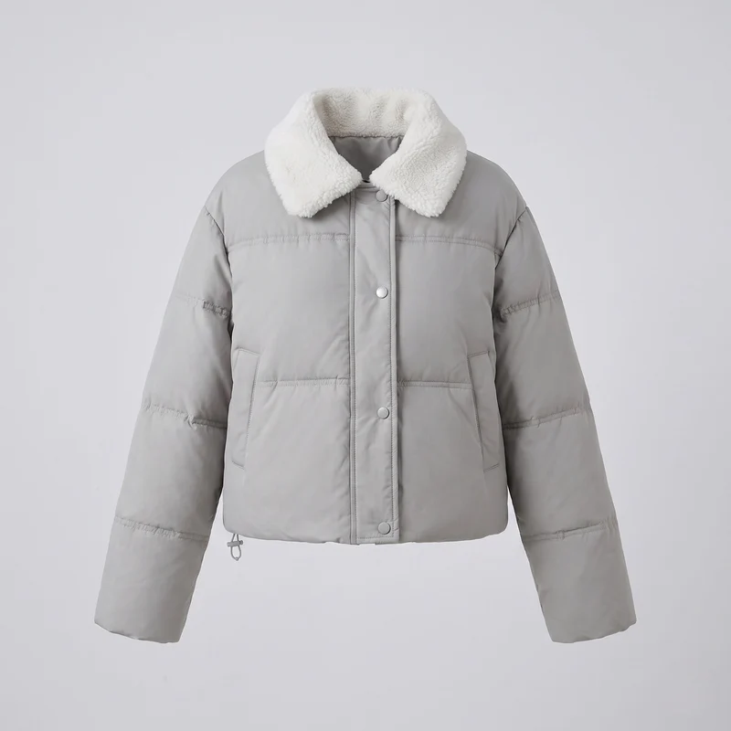 Damen kurze gepolsterte Pufferjacke mit Teddy-Kragen, verdeckter Druckknopfblende und Isolierung für Reisen