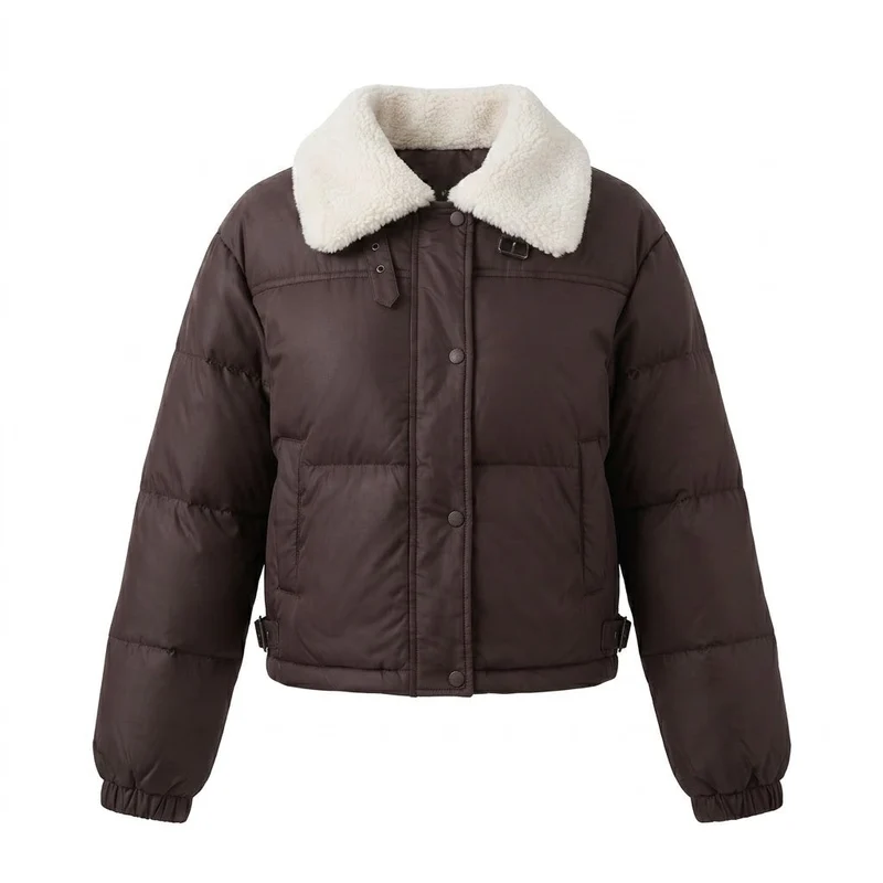 Damen kurze gepolsterte Pufferjacke mit Teddy-Kragen, verdeckter Druckknopfblende und Isolierung für Reisen