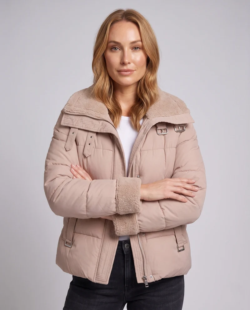 Damen kurze gepolsterte gesteppte Parka mit voluminösem Teddy-Kragen, tailliertem Gürtel und verdecktem Reißverschluss