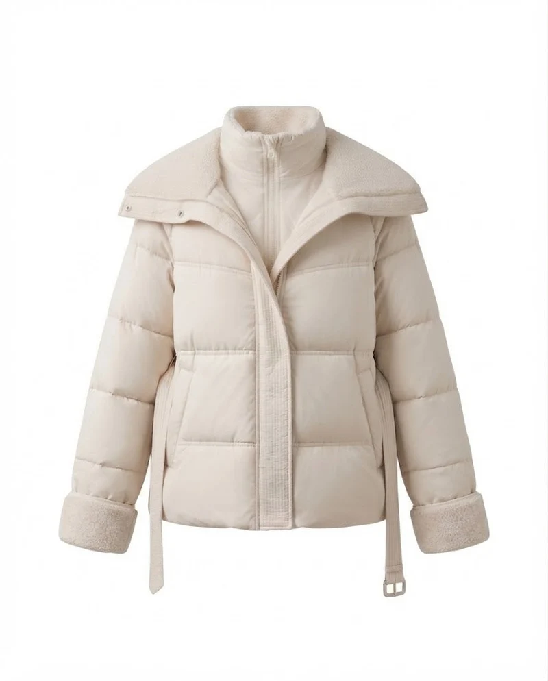 Damen kurze gepolsterte gesteppte Parka mit voluminösem Teddy-Kragen, tailliertem Gürtel und verdecktem Reißverschluss