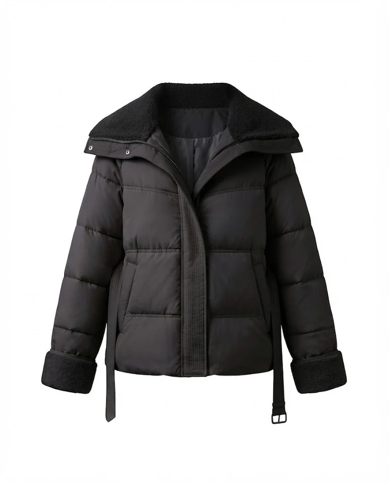 Damen kurze gepolsterte gesteppte Parka mit voluminösem Teddy-Kragen, tailliertem Gürtel und verdecktem Reißverschluss