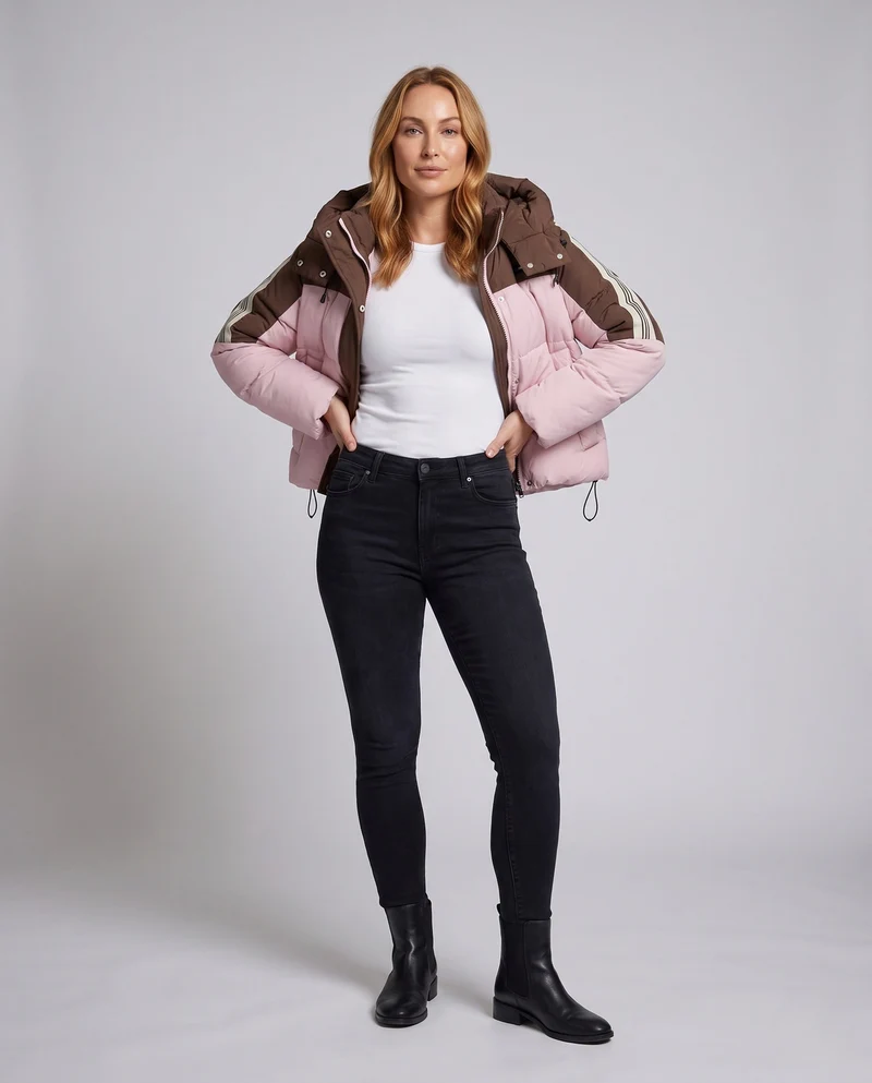 Damen kurze zweifarbige gesteppte Kurzjacke mit abnehmbarem Kragenbesatz und sportlichen Ärmelstreifen