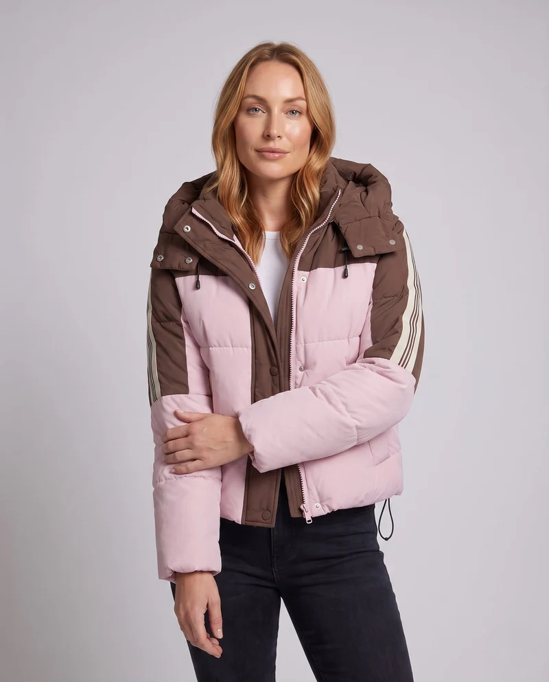 Damen kurze zweifarbige gesteppte Kurzjacke mit abnehmbarem Kragenbesatz und sportlichen Ärmelstreifen