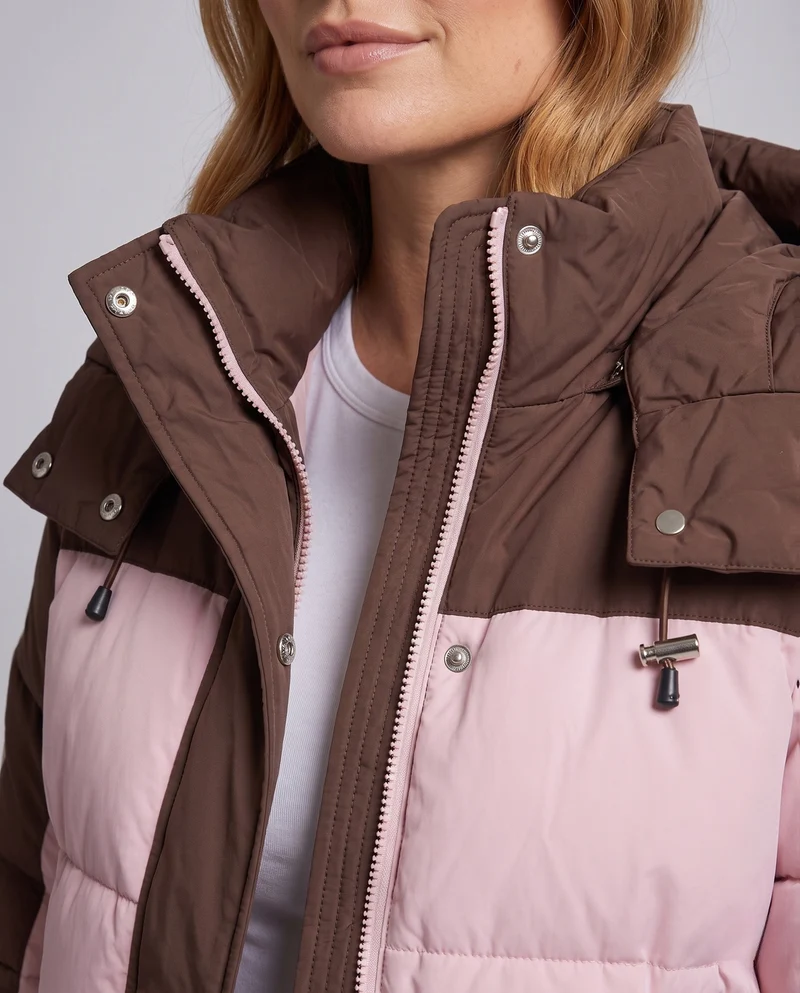 Damen kurze zweifarbige gesteppte Kurzjacke mit abnehmbarem Kragenbesatz und sportlichen Ärmelstreifen