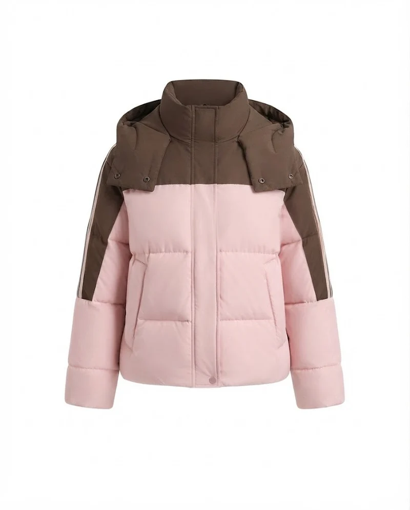 Damen kurze zweifarbige gesteppte Kurzjacke mit abnehmbarem Kragenbesatz und sportlichen Ärmelstreifen