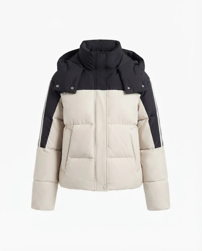 Damen kurze zweifarbige gesteppte Kurzjacke mit abnehmbarem Kragenbesatz und sportlichen Ärmelstreifen