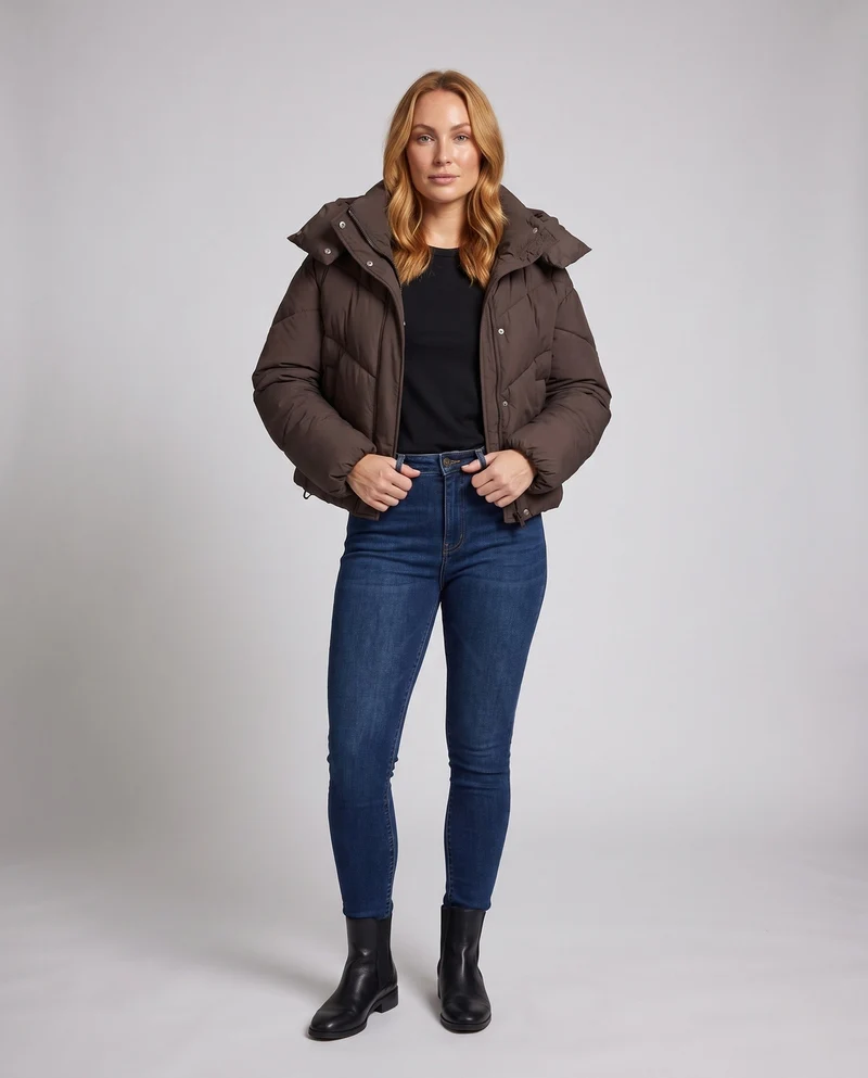 Damen cropped gesteppte Jacke mit hohem Schalkragen, asymmetrischer Zickzack-Steppung und verstellbarem Kordelzugbund.