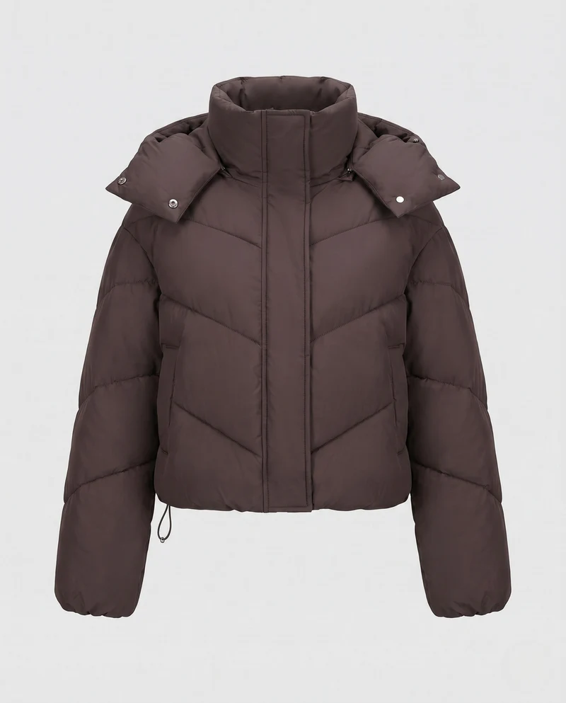 Damen cropped gesteppte Jacke mit hohem Schalkragen, asymmetrischer Zickzack-Steppung und verstellbarem Kordelzugbund.