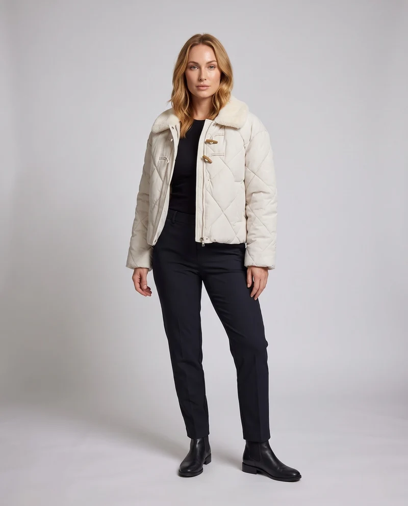 Damen kurze gesteppte Pufferjacke mit Teddykragen, Toggle und Zwei-Wege-Reißverschluss