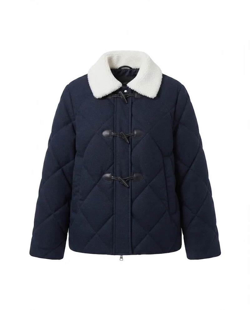 Damen kurze gesteppte Pufferjacke mit Teddykragen, Toggle und Zwei-Wege-Reißverschluss