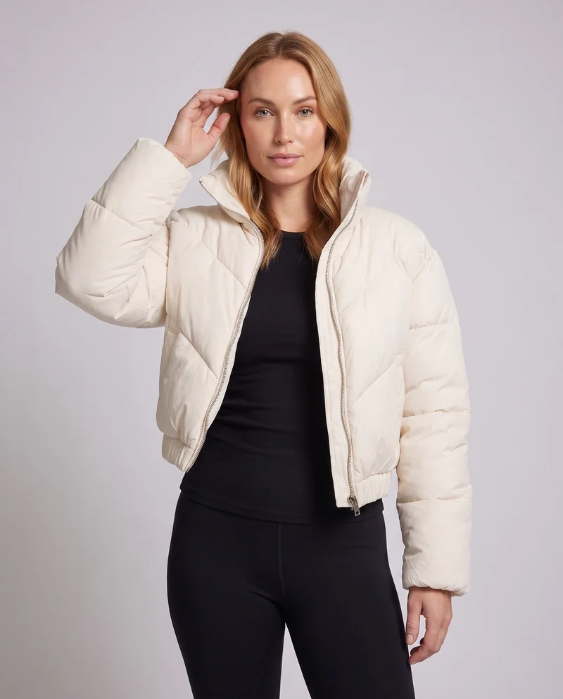 Damen cropped gepolsterte Pufferjacke mit hohem Stehkragen und elastischem Saum
