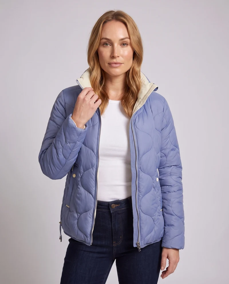 Damen Nano Kurze Gepolsterte Wellenstepp-Puffjacke mit Ergonomischem Stehkragen und Seitlichem Kordelzug