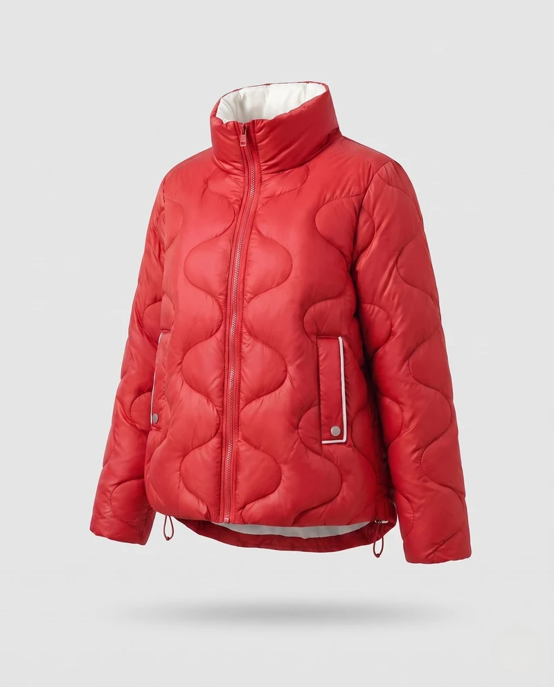 Damen Nano Kurze Gepolsterte Wellenstepp-Puffjacke mit Ergonomischem Stehkragen und Seitlichem Kordelzug