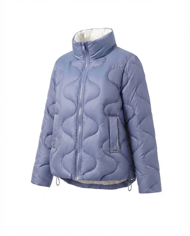 Damen Nano Kurze Gepolsterte Wellenstepp-Puffjacke mit Ergonomischem Stehkragen und Seitlichem Kordelzug