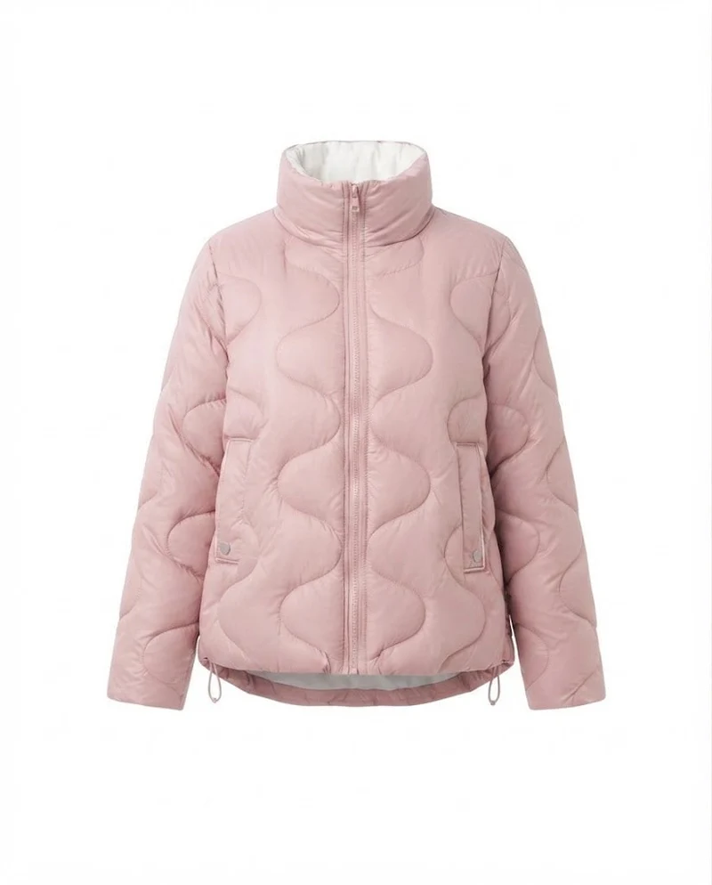 Damen Nano Kurze Gepolsterte Wellenstepp-Puffjacke mit Ergonomischem Stehkragen und Seitlichem Kordelzug