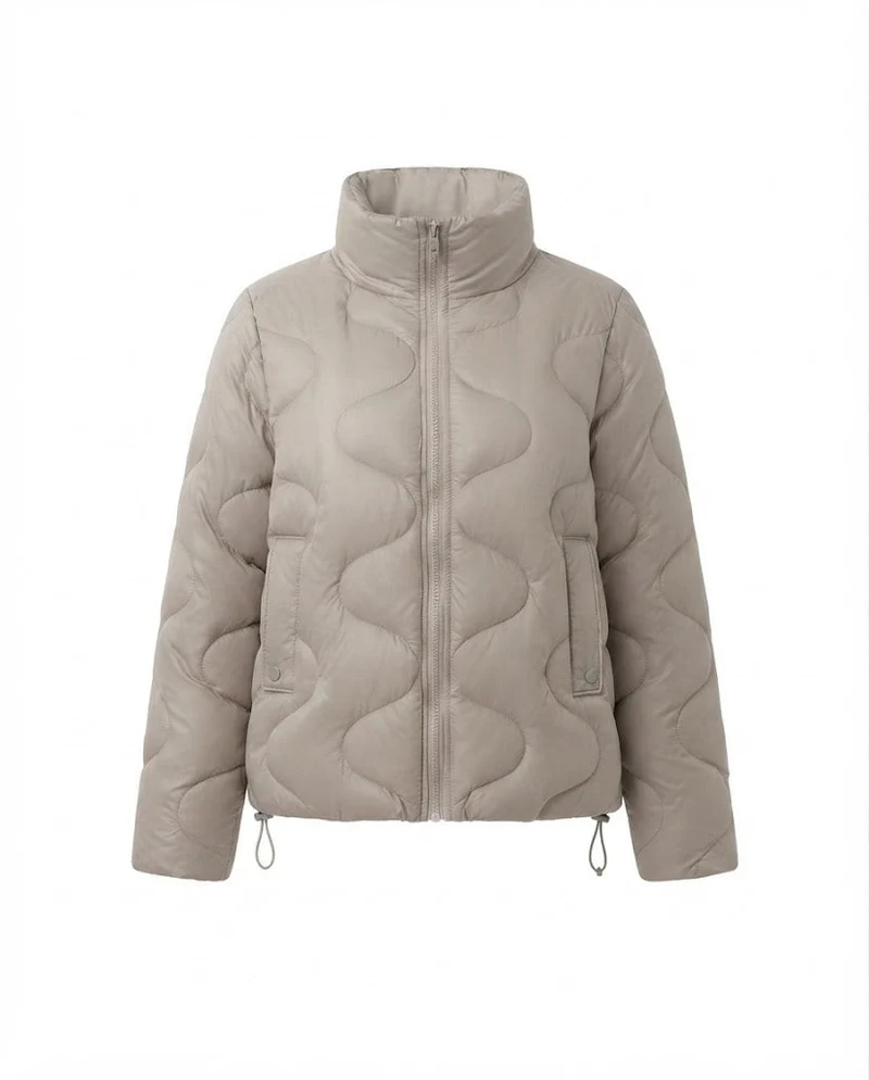 Damen Nano Kurze Gepolsterte Wellenstepp-Puffjacke mit Ergonomischem Stehkragen und Seitlichem Kordelzug