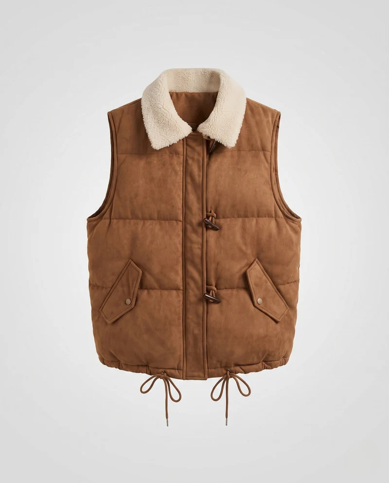 DamenShort-Cut-Suede-Look-Steppweste mit Teddy-Kragen, Toggle-Verschlüssen und Kordelzugsaum