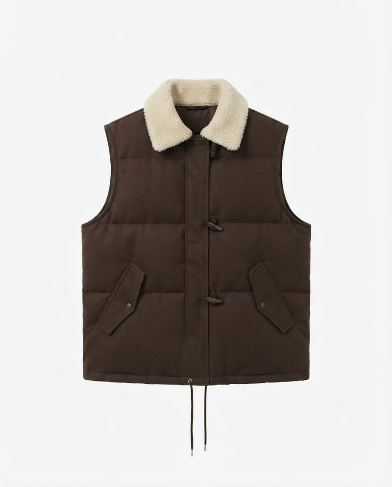 DamenShort-Cut-Suede-Look-Steppweste mit Teddy-Kragen, Toggle-Verschlüssen und Kordelzugsaum