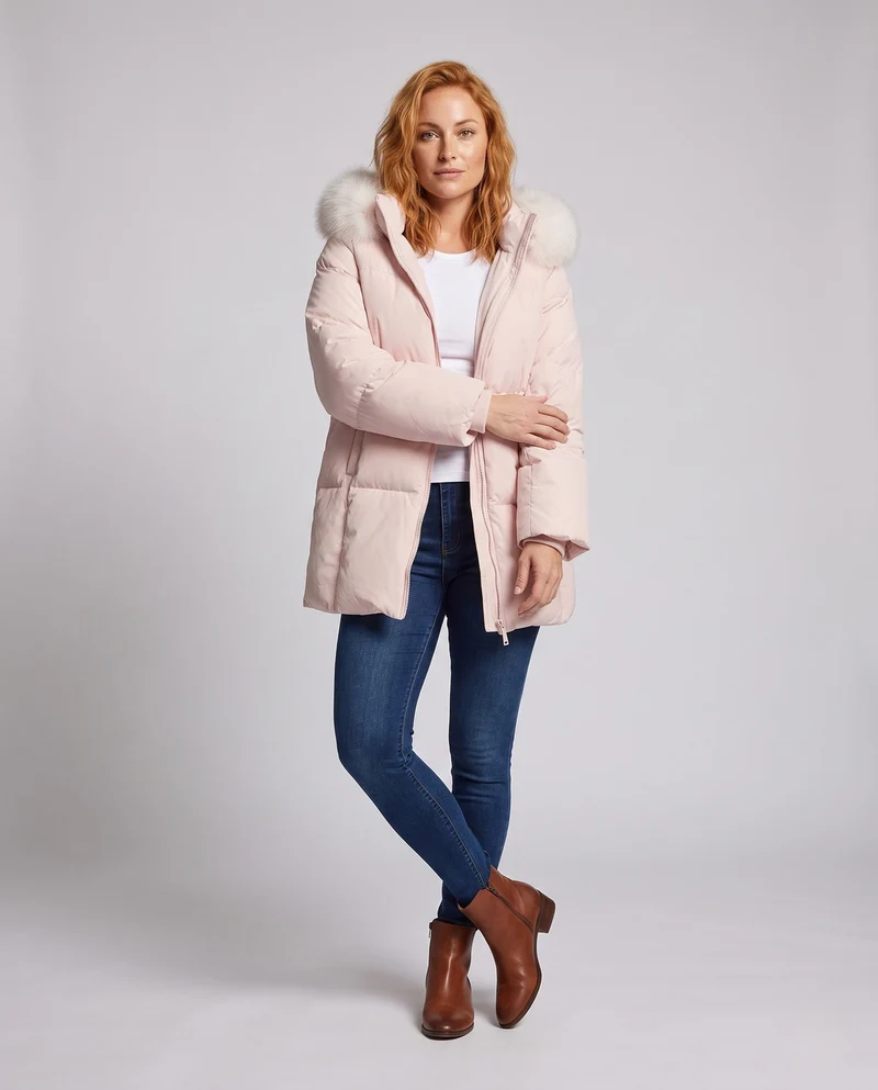Damen kurze Thermo-Pufferjacke mit voluminösem Pelzkragen und kaschierender A-Linie-Silhouette