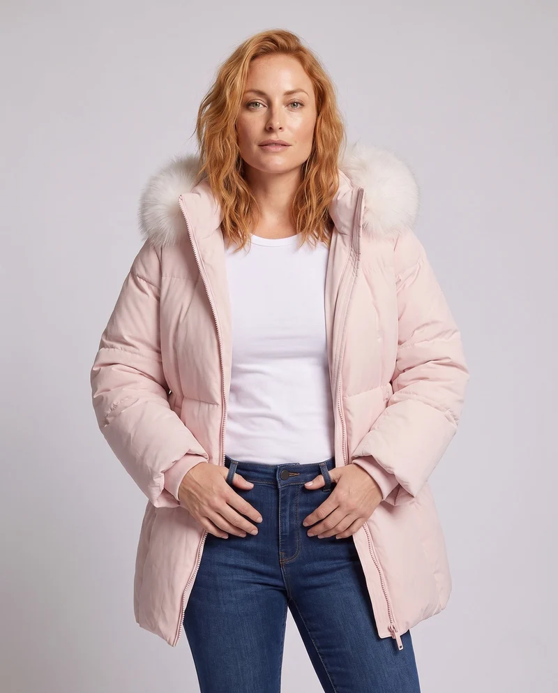 Damen kurze Thermo-Pufferjacke mit voluminösem Pelzkragen und kaschierender A-Linie-Silhouette
