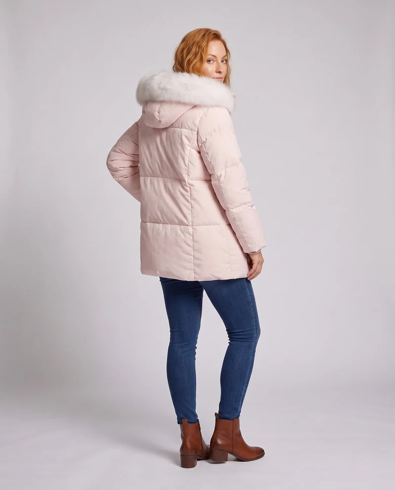 Damen kurze Thermo-Pufferjacke mit voluminösem Pelzkragen und kaschierender A-Linie-Silhouette