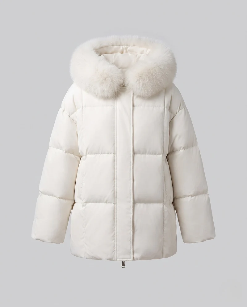 Damen kurze Thermo-Pufferjacke mit voluminösem Pelzkragen und kaschierender A-Linie-Silhouette