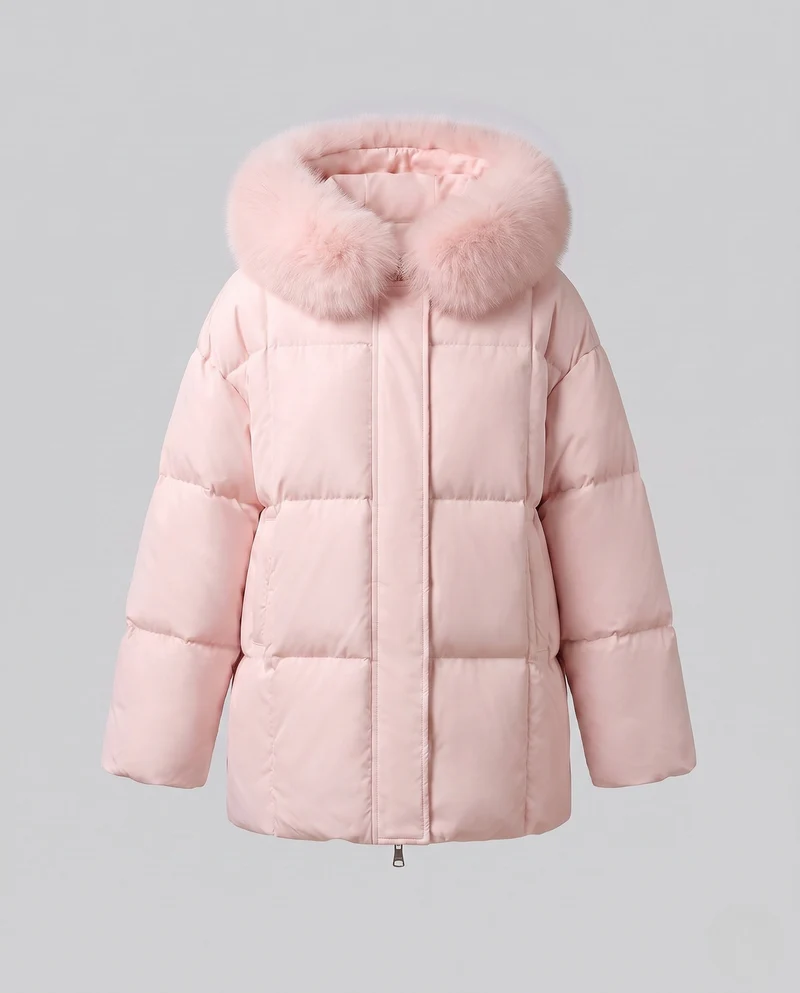 Damen kurze Thermo-Pufferjacke mit voluminösem Pelzkragen und kaschierender A-Linie-Silhouette