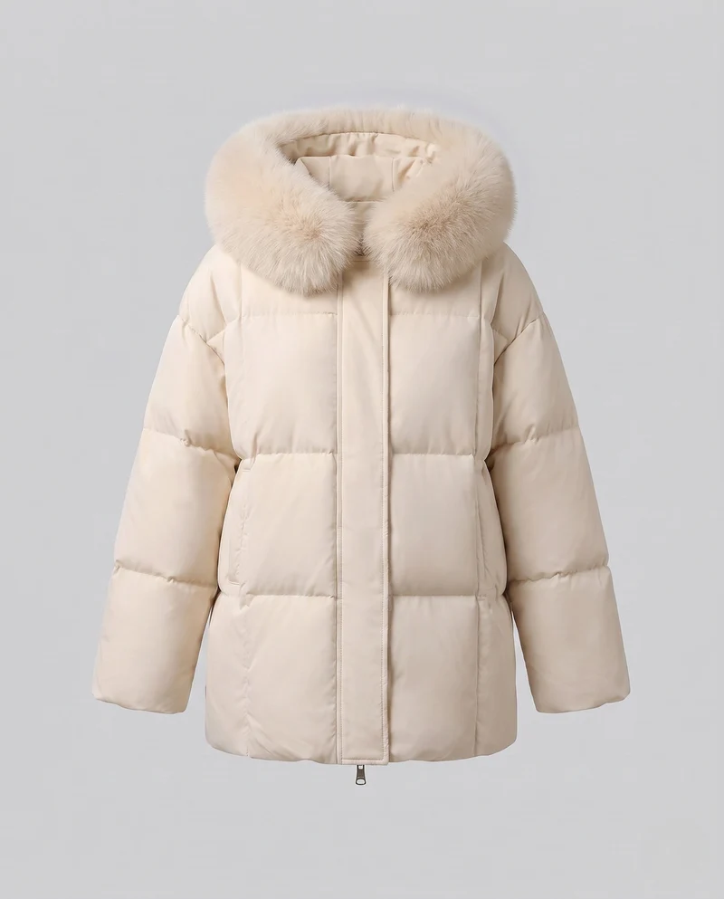 Damen kurze Thermo-Pufferjacke mit voluminösem Pelzkragen und kaschierender A-Linie-Silhouette