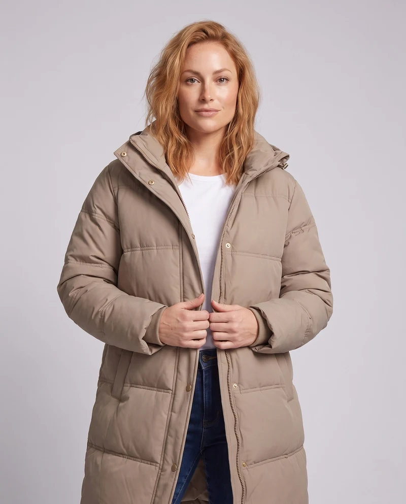 Damen langgeschnittene gesteppte Thermojacke mit Kapuze, Zwei-Wege-Reißverschluss und seitlichen Reißverschlussöffnungen