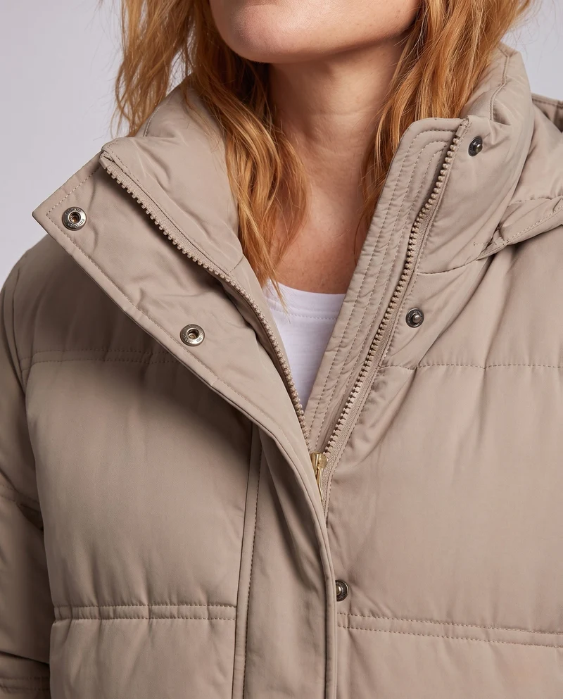 Damen langgeschnittene gesteppte Thermojacke mit Kapuze, Zwei-Wege-Reißverschluss und seitlichen Reißverschlussöffnungen