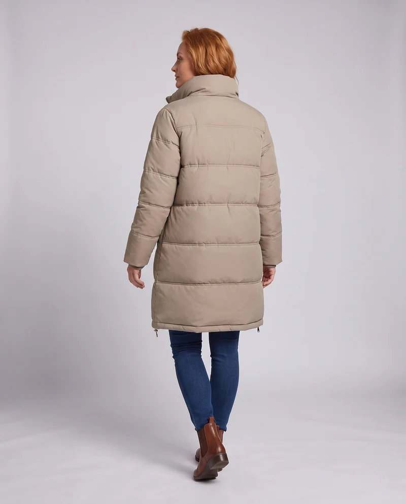Damen langgeschnittene gesteppte Thermojacke mit Kapuze, Zwei-Wege-Reißverschluss und seitlichen Reißverschlussöffnungen