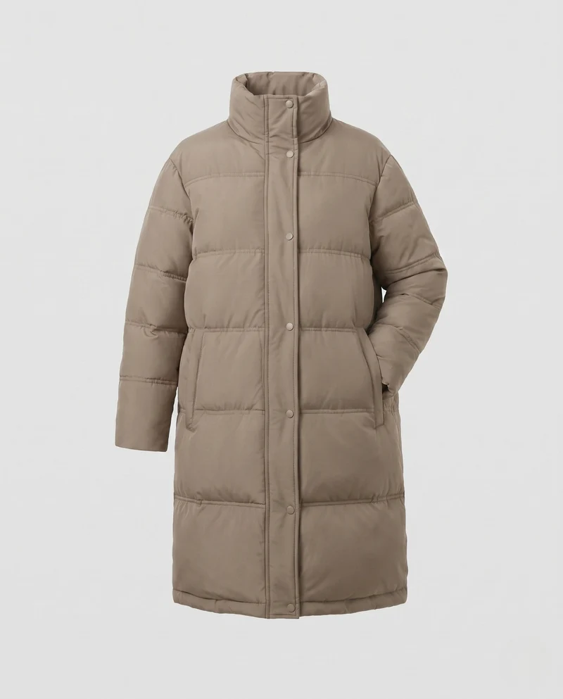 Damen langgeschnittene gesteppte Thermojacke mit Kapuze, Zwei-Wege-Reißverschluss und seitlichen Reißverschlussöffnungen