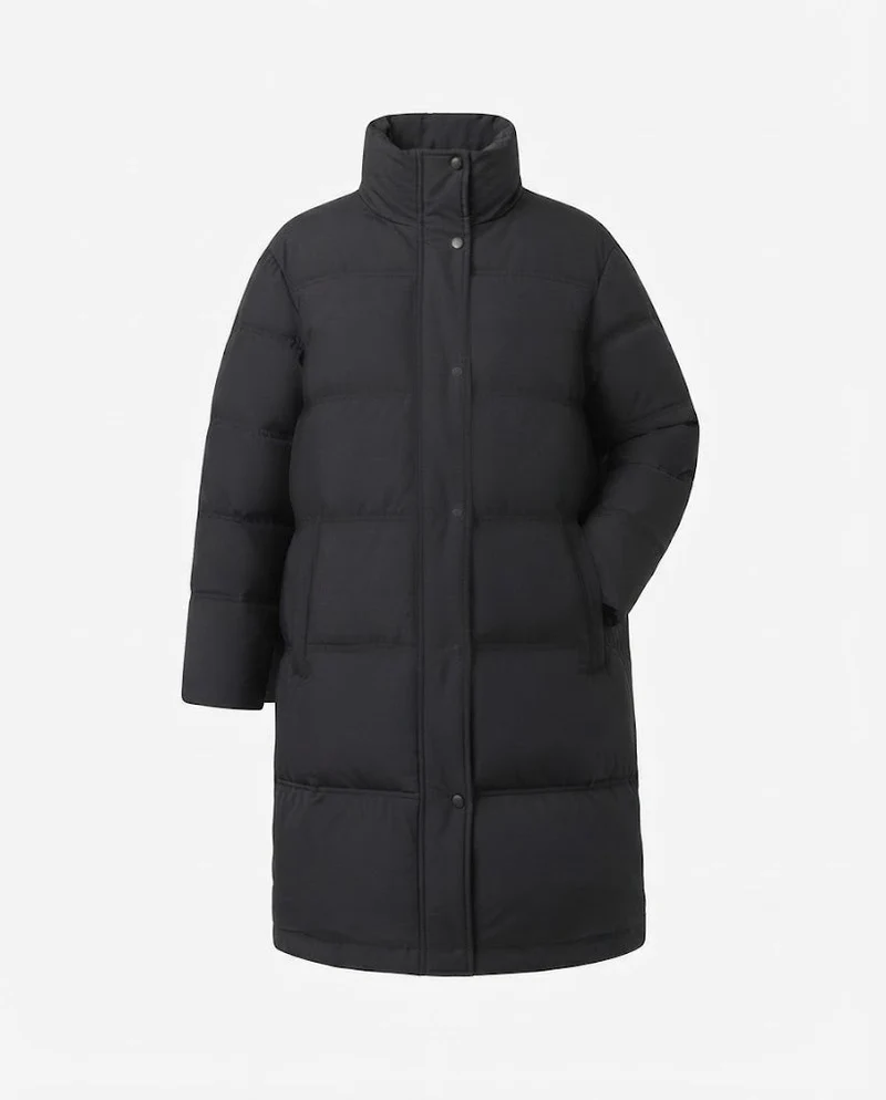 Damen langgeschnittene gesteppte Thermojacke mit Kapuze, Zwei-Wege-Reißverschluss und seitlichen Reißverschlussöffnungen