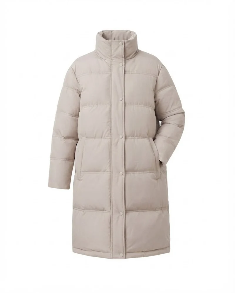 Damen langgeschnittene gesteppte Thermojacke mit Kapuze, Zwei-Wege-Reißverschluss und seitlichen Reißverschlussöffnungen