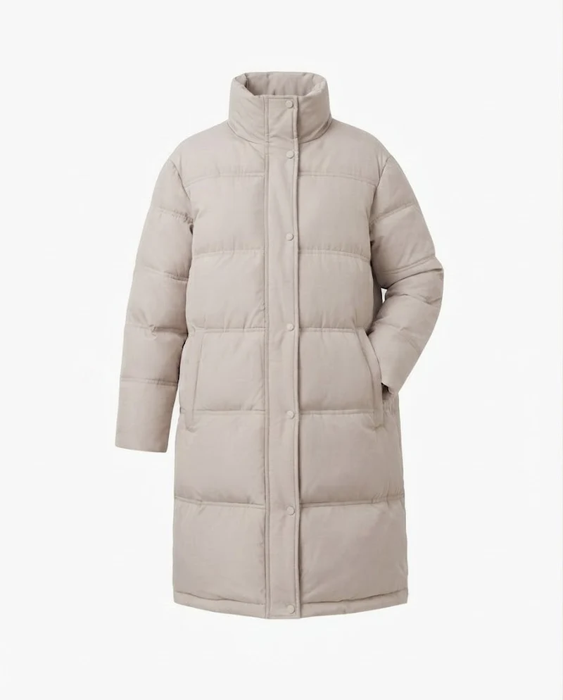 Damen langgeschnittene gesteppte Thermojacke mit Kapuze, Zwei-Wege-Reißverschluss und seitlichen Reißverschlussöffnungen