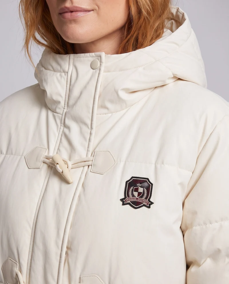 Damen langgeschnittene thermische Pufferjacke mit minimalistischer Knopfleiste, ergonomischem Stehkragen und geräumigen Seitentaschen