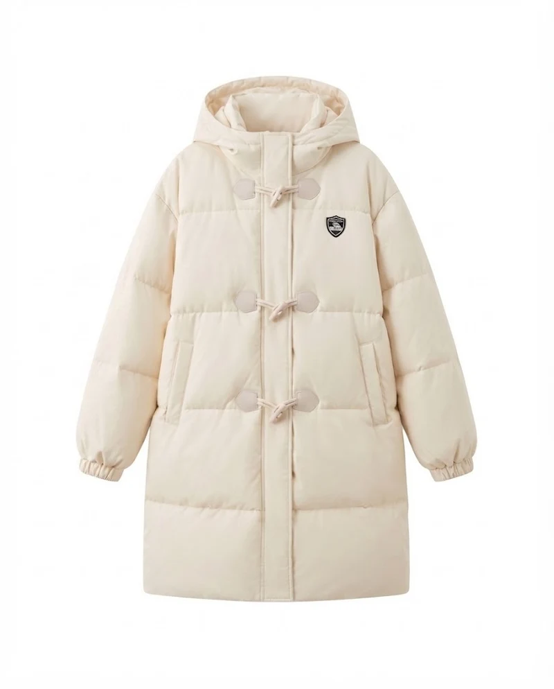 Damen langgeschnittene thermische Pufferjacke mit minimalistischer Knopfleiste, ergonomischem Stehkragen und geräumigen Seitentaschen