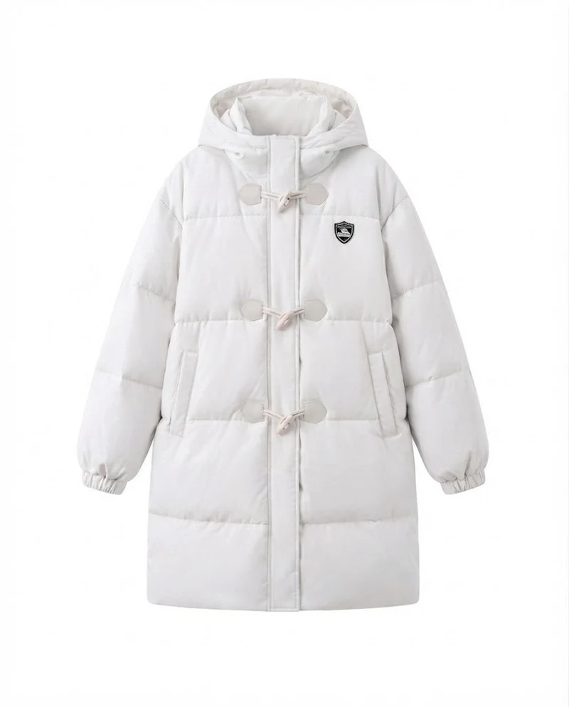 Damen langgeschnittene thermische Pufferjacke mit minimalistischer Knopfleiste, ergonomischem Stehkragen und geräumigen Seitentaschen