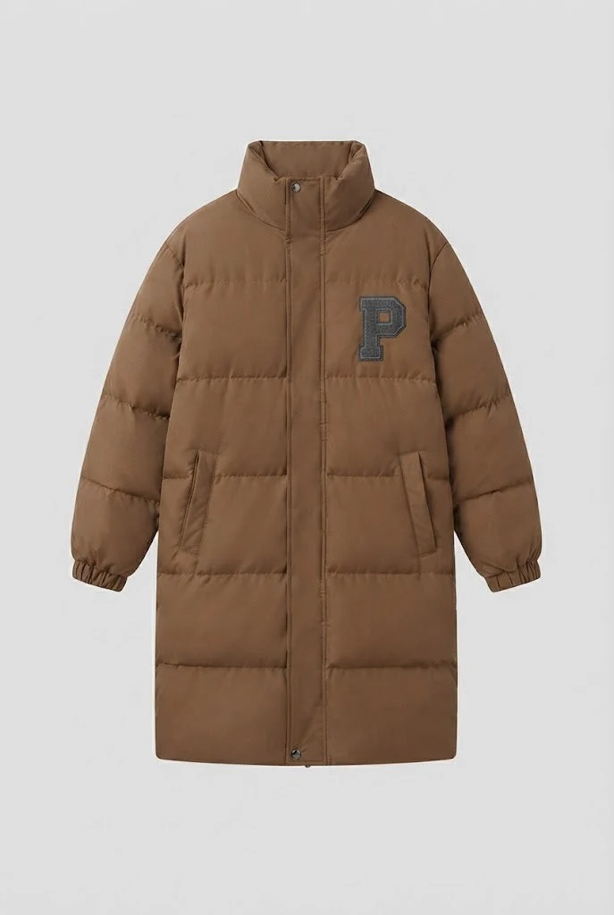 Damen längerer boxy Thermo-Puffer mit hohem Stehkragen, College-Patch und geräuschreduzierender Außenschale