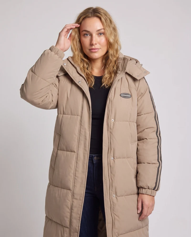 Damen nan längerer steppthermocoat mit hohem Stehkragen, Sportstreifen und integrierter Brusttasche