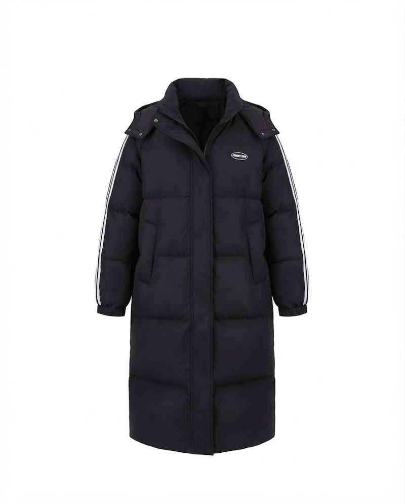 Damen nan längerer steppthermocoat mit hohem Stehkragen, Sportstreifen und integrierter Brusttasche