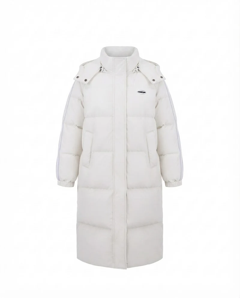 Damen nan längerer steppthermocoat mit hohem Stehkragen, Sportstreifen und integrierter Brusttasche