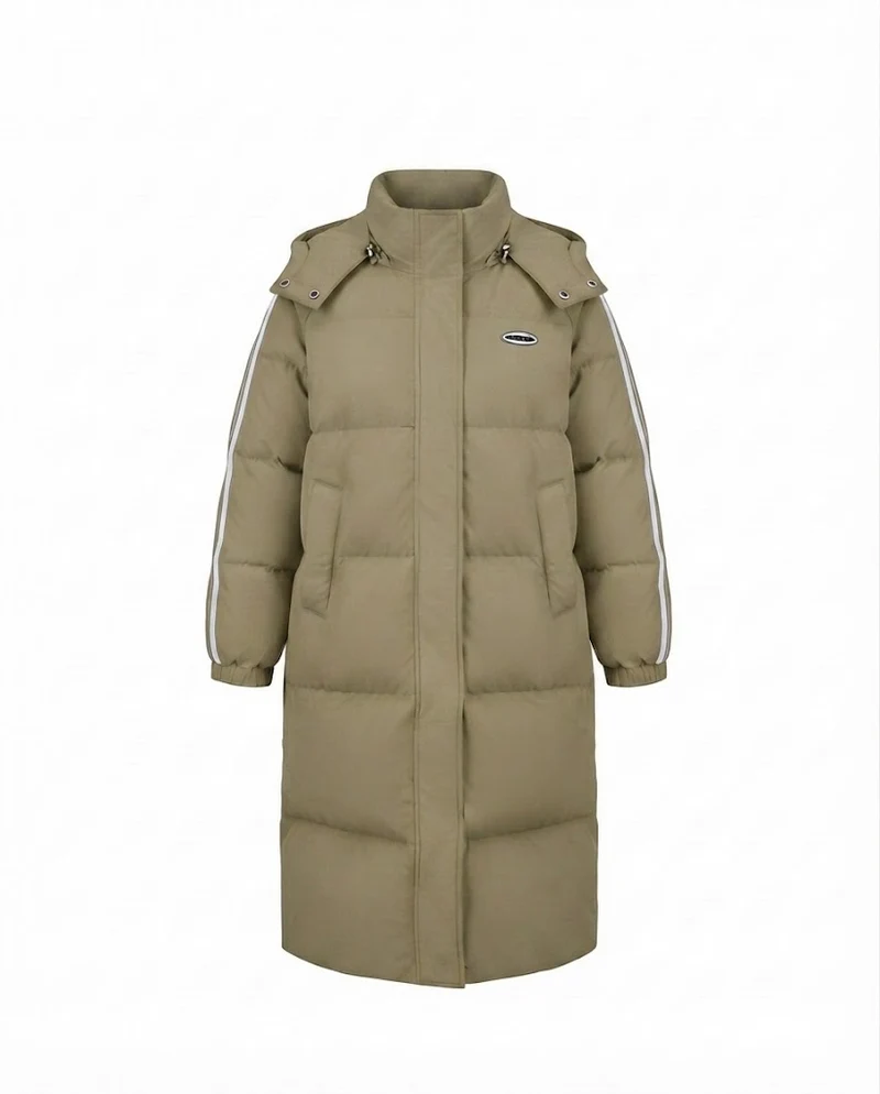 Damen nan längerer steppthermocoat mit hohem Stehkragen, Sportstreifen und integrierter Brusttasche