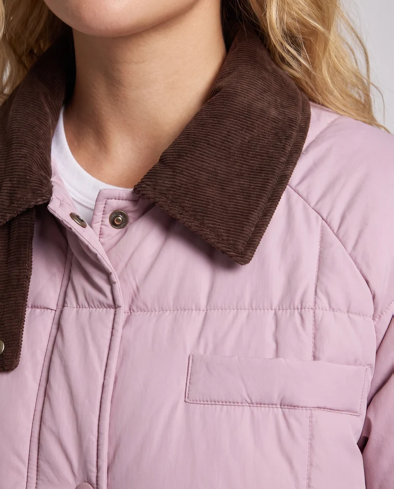 Damen langer gesteppter thermomantel mit kontrastierendem Kordelkragen, verdecktem Druckknopfverschluss und oversized Schnitt