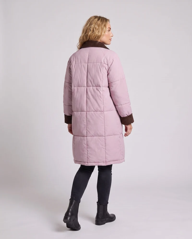 Damen langer gesteppter thermomantel mit kontrastierendem Kordelkragen, verdecktem Druckknopfverschluss und oversized Schnitt