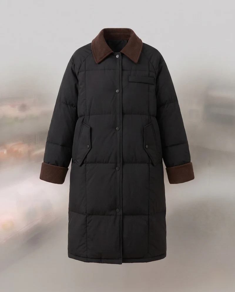 Damen langer gesteppter thermomantel mit kontrastierendem Kordelkragen, verdecktem Druckknopfverschluss und oversized Schnitt