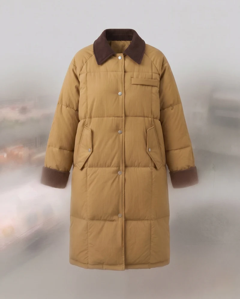 Damen langer gesteppter thermomantel mit kontrastierendem Kordelkragen, verdecktem Druckknopfverschluss und oversized Schnitt