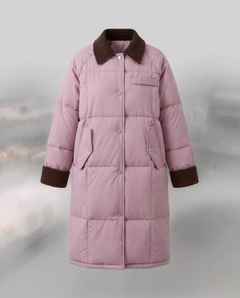 Damen langer gesteppter thermomantel mit kontrastierendem Kordelkragen, verdecktem Druckknopfverschluss und oversized Schnitt