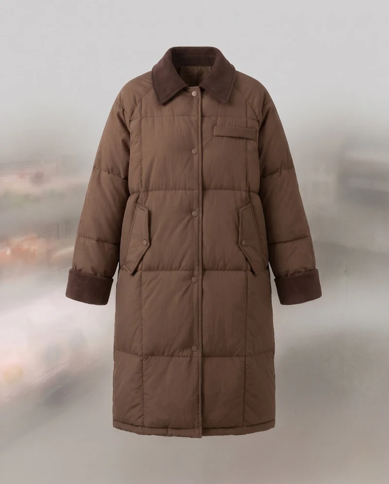Damen langer gesteppter thermomantel mit kontrastierendem Kordelkragen, verdecktem Druckknopfverschluss und oversized Schnitt