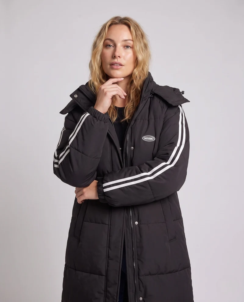 Damen Nan längerer gesteppter Thermoparka mit kontrastierenden Ärmelstreifen und hohem Stehkragen